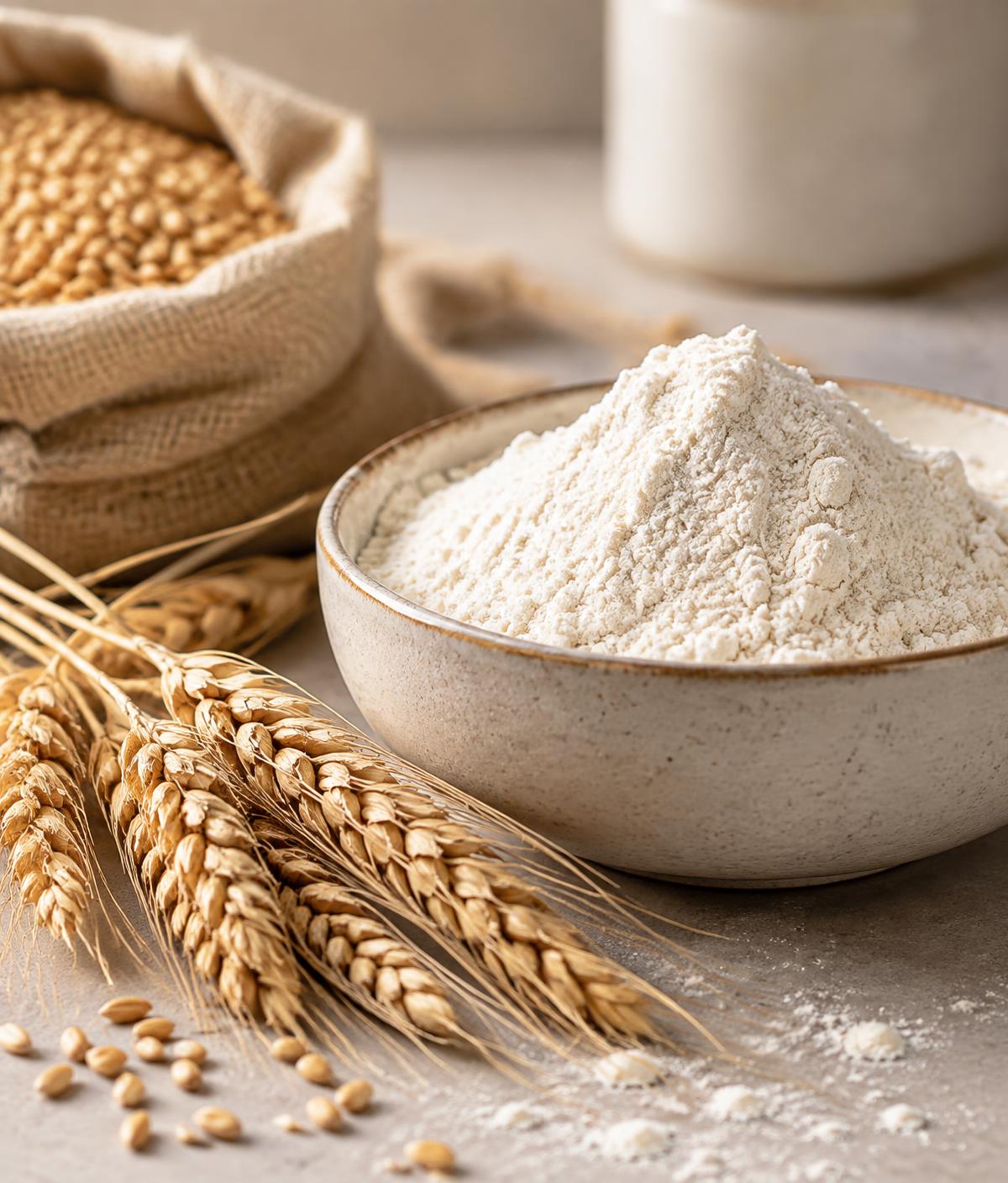 Wheat stalks beside a bowl of finely milled flour