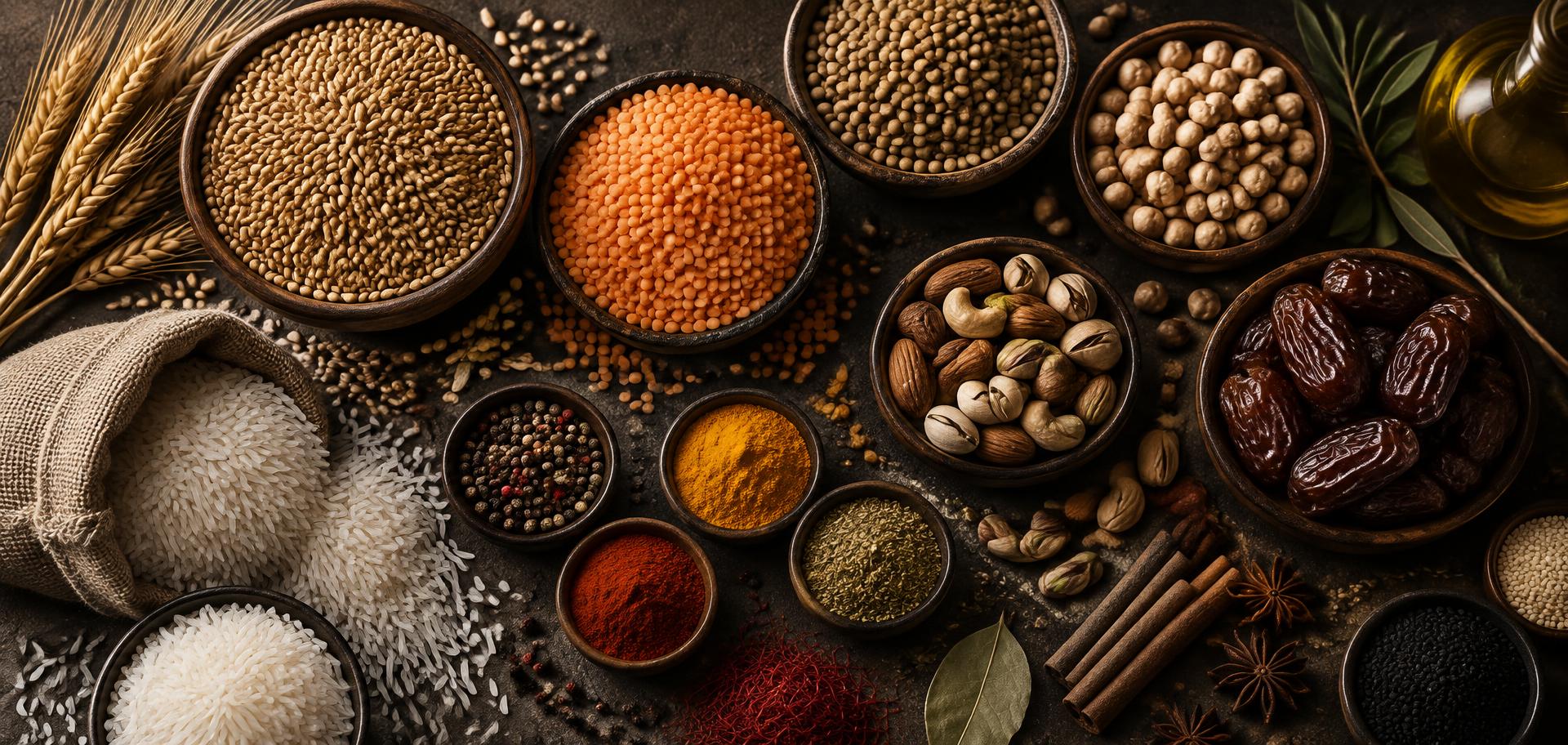 Grains, pulses, spices, nuts and dates arranged in bowls